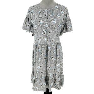 Ann Taylor Dress Womens Large White Black Blue Ditzy Tiered Ruffles Cottagecore